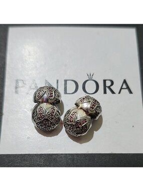 Pandora Sterling Silver Minnie Mouse Disney Clips w/ Pave CZs Set Of 2 791450cz